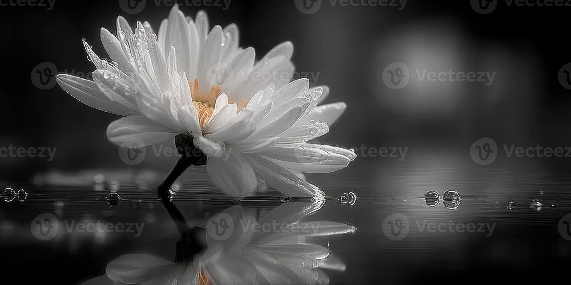 Stunning white flower resting on water surface with droplets in serene setting during early morning light photo