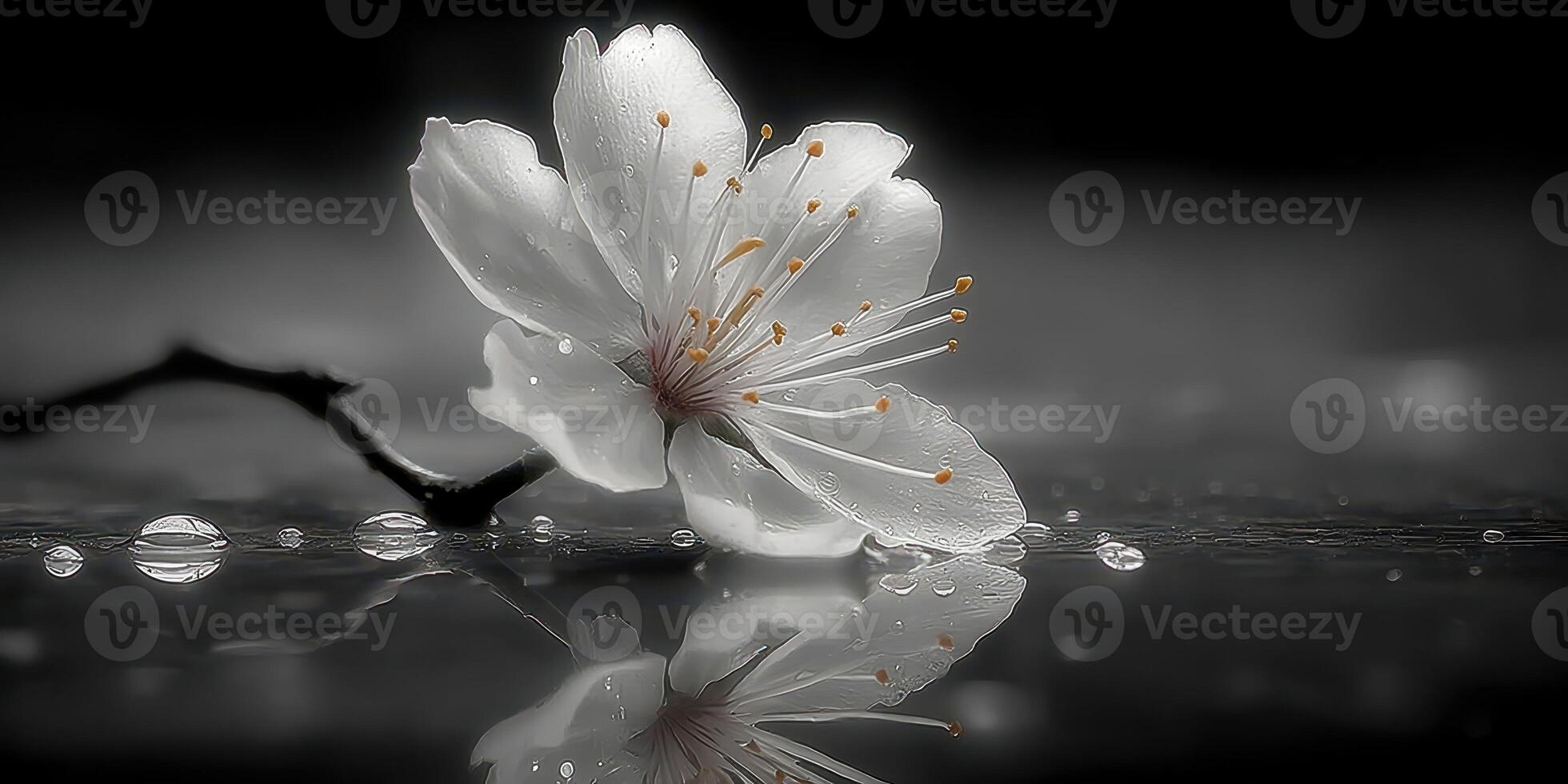 Delicate white cherry blossom with droplets reflecting in serene water during a calm morning photo