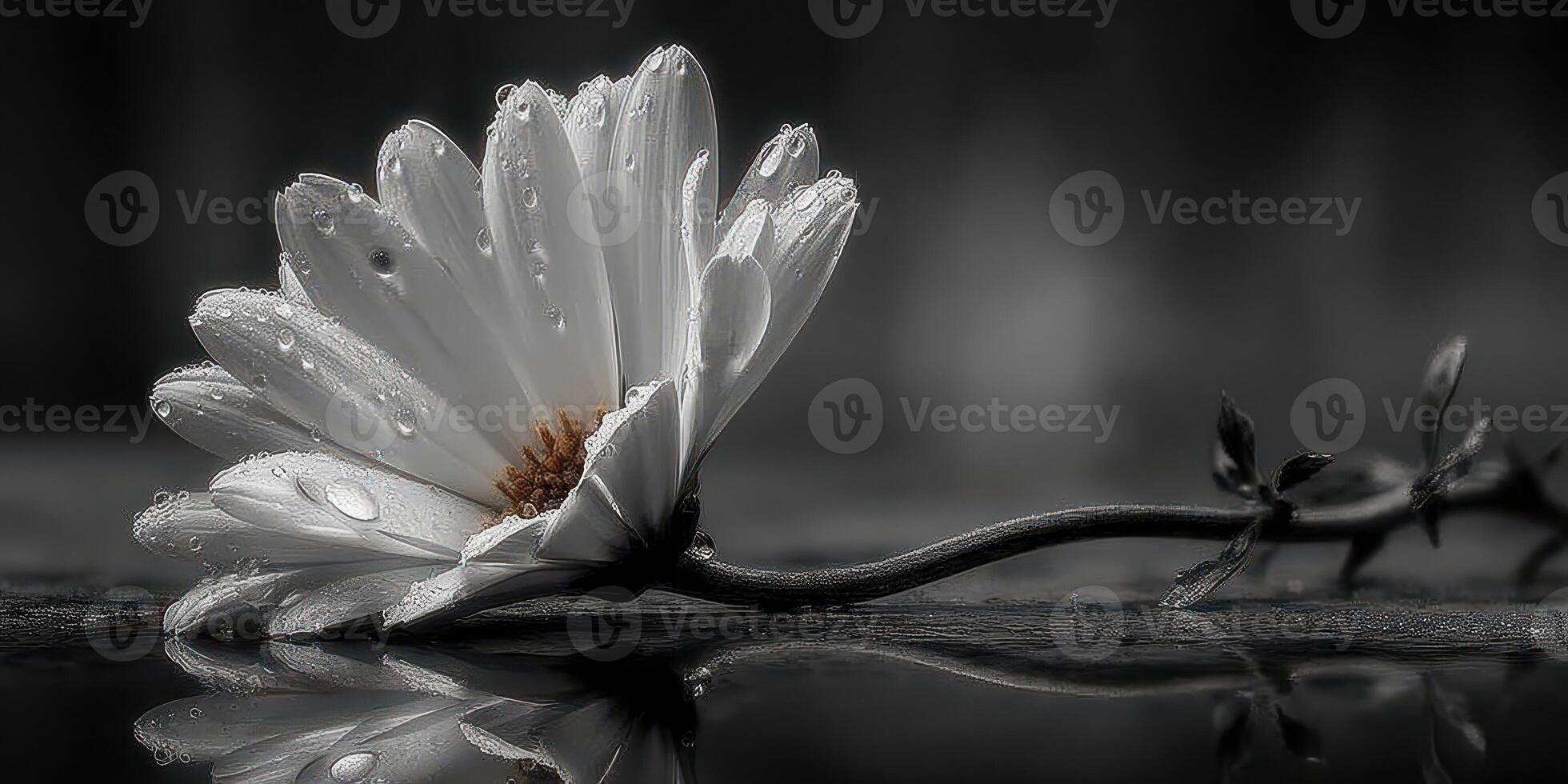 Delicate white flower resting on wet surface, showcasing gentle raindrops in a serene, monochrome setting photo