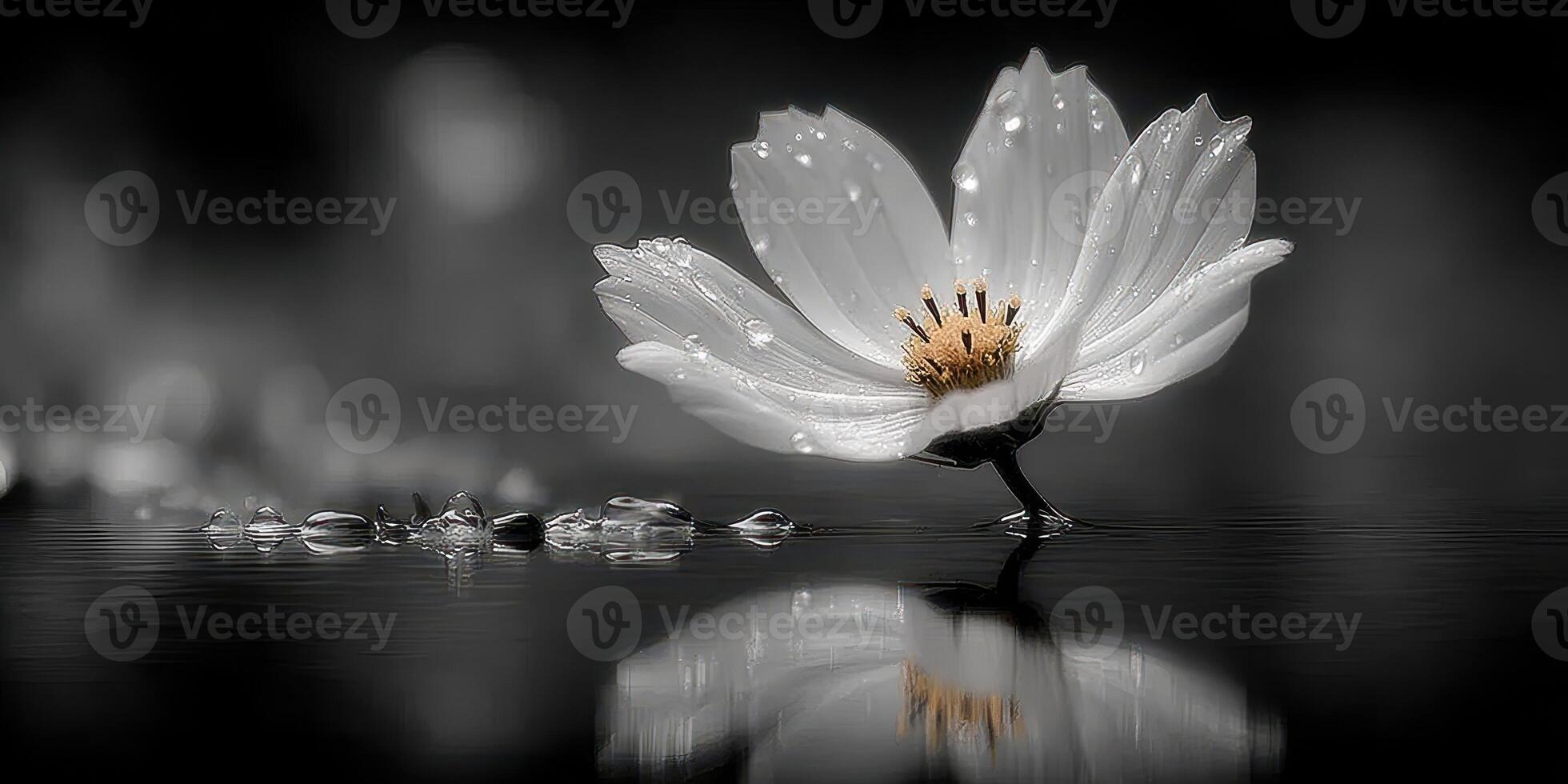Delicate white flower with water droplets reflected on a dark surface at dawn photo