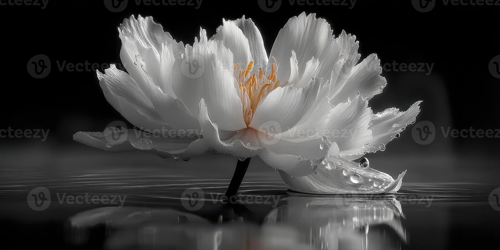 White flower with golden center floats on dark water surface at dawn, reflecting tranquillity and elegance in nature photo