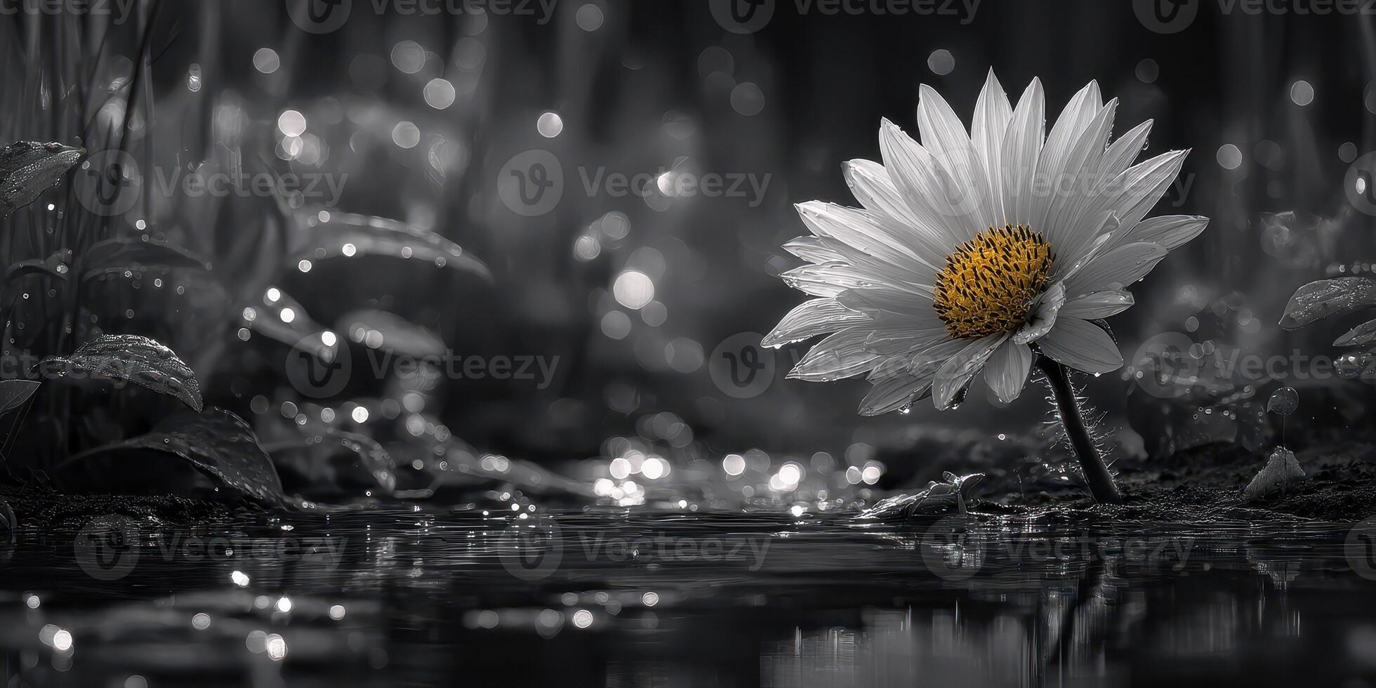 Beautiful white flower with yellow center emerging from water in a tranquil garden setting during early morning hours photo