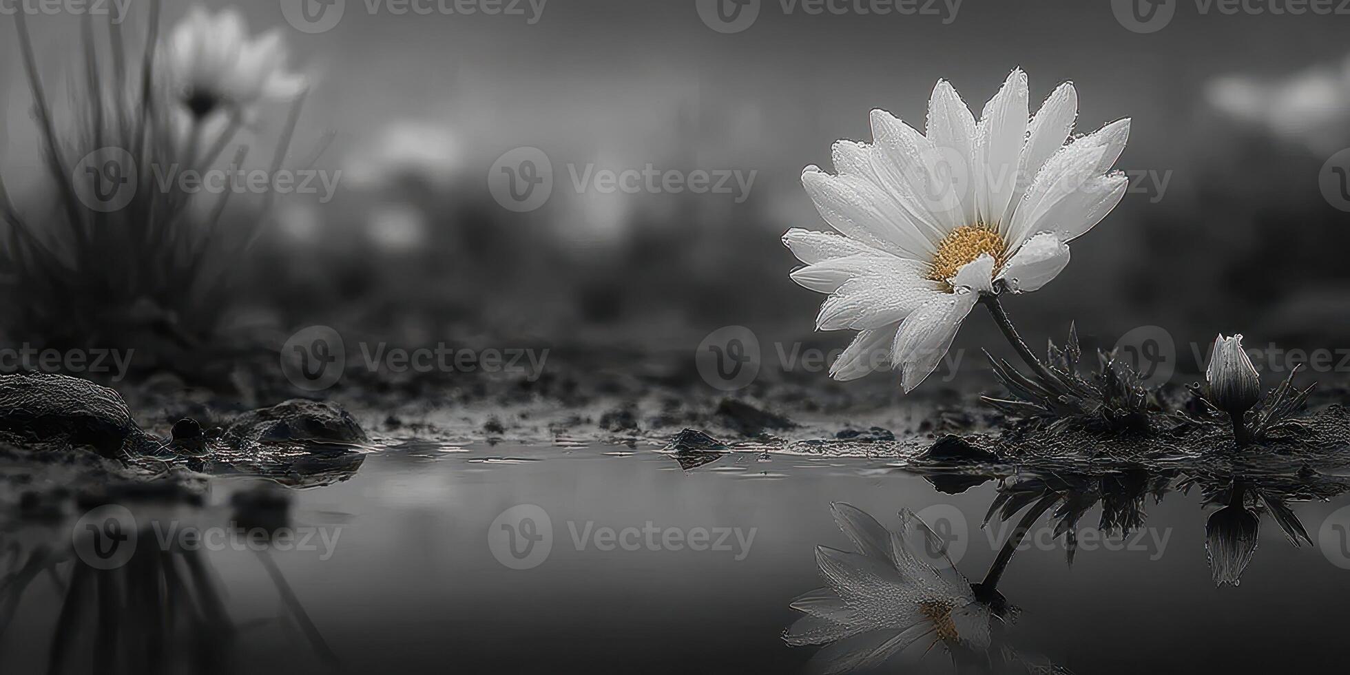 Delicate white flower reflects in calm water after the rain in a serene landscape featuring soft-focus background elements photo