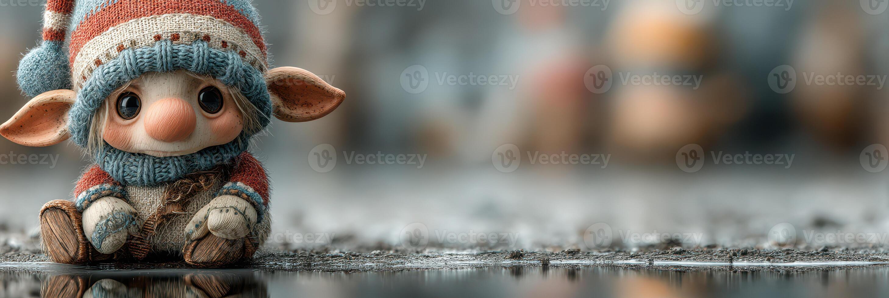 Cute handcrafted elf doll in knitted outfit sits on a reflective surface during a festive event in a holiday market photo