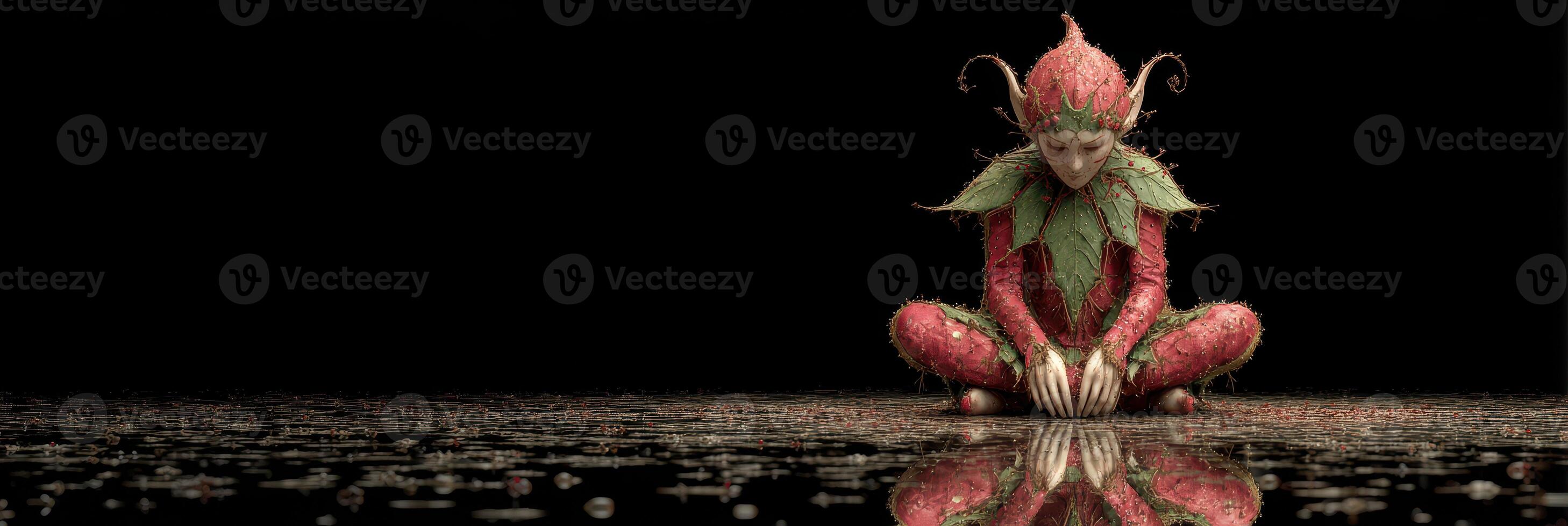 A serene figure in red and green attire meditates by a reflective pond surrounded by darkness photo