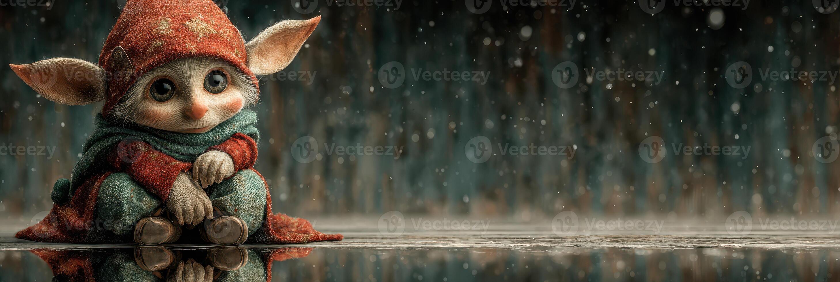 Cute fictional creature sits on reflective surface in a snowy environment with soft lighting during winter photo