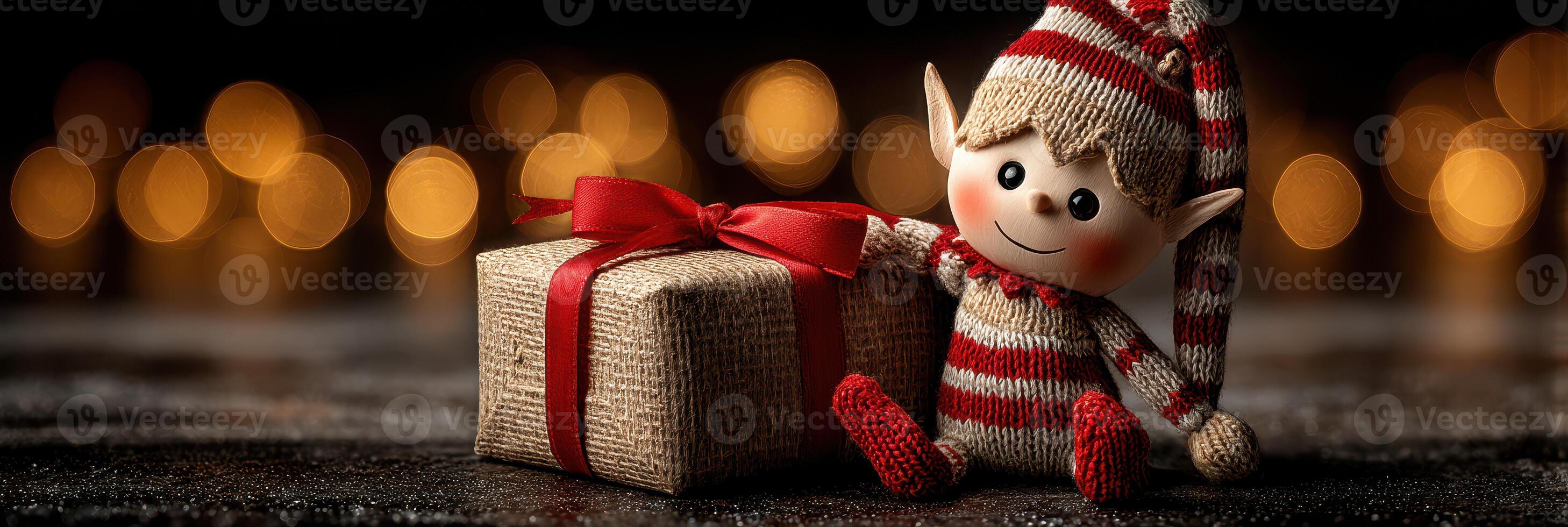 Festive elf with gift box set against a warm, glowing background during the holiday season in a cozy atmosphere photo
