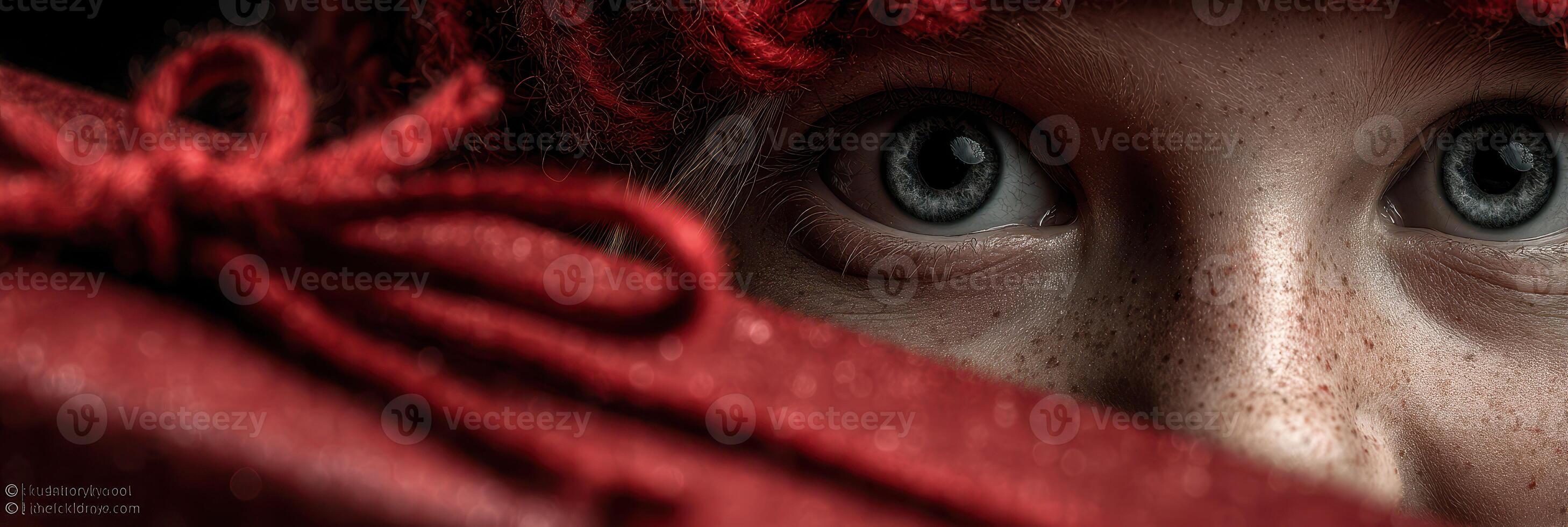 Child with blue eyes and freckles peeking from behind a red gift during a winter celebration photo