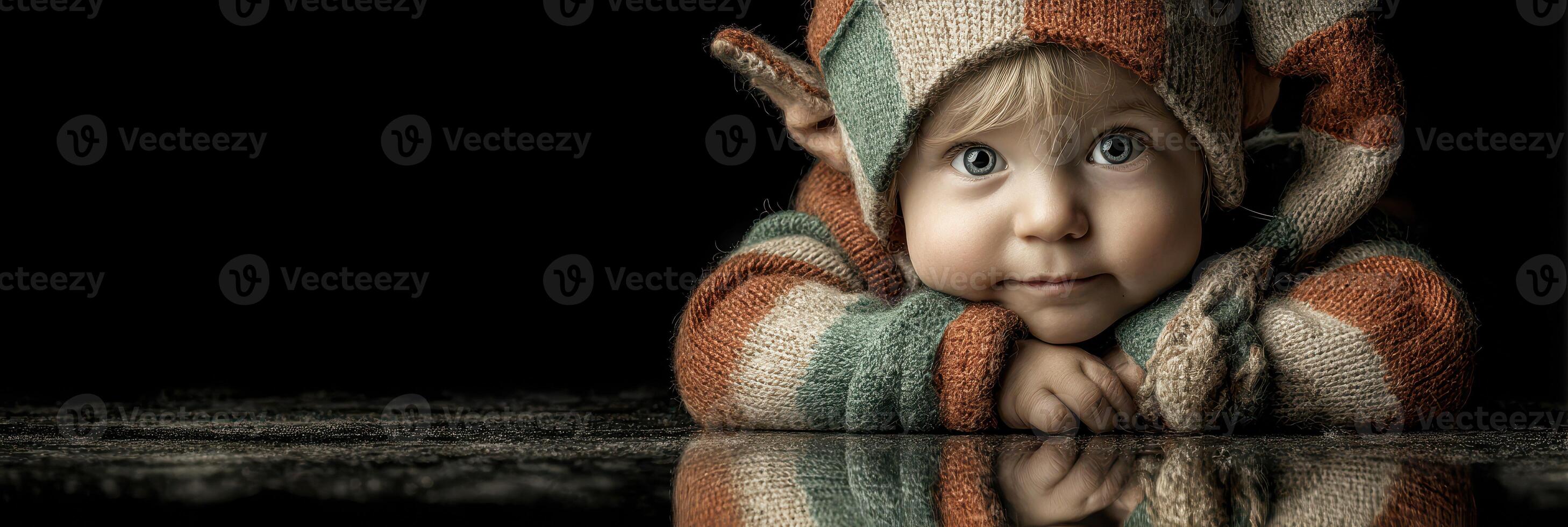 Cute young child with large eyes wearing colorful striped clothing and a playful knitted hat indoors photo