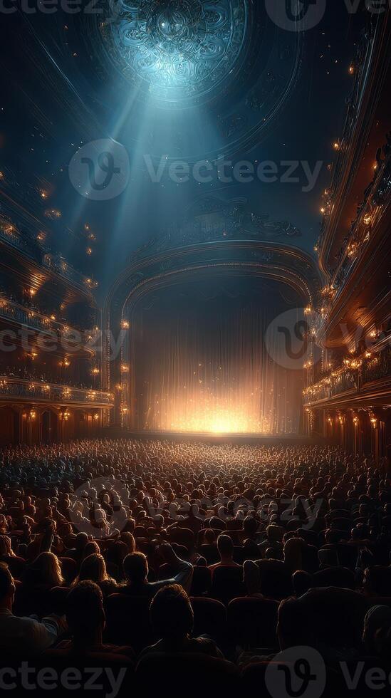 Audience eagerly awaits a performance in a grand theater illuminated by soft stage lights photo