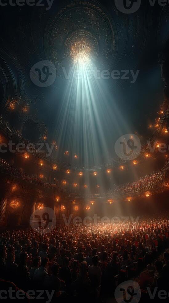 Grand theater filled with audience enjoying a dramatic performance under a surreal beam of light photo