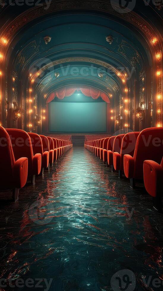 Beautiful vintage theater with water reflections and red seats inviting visitors on a quiet evening photo