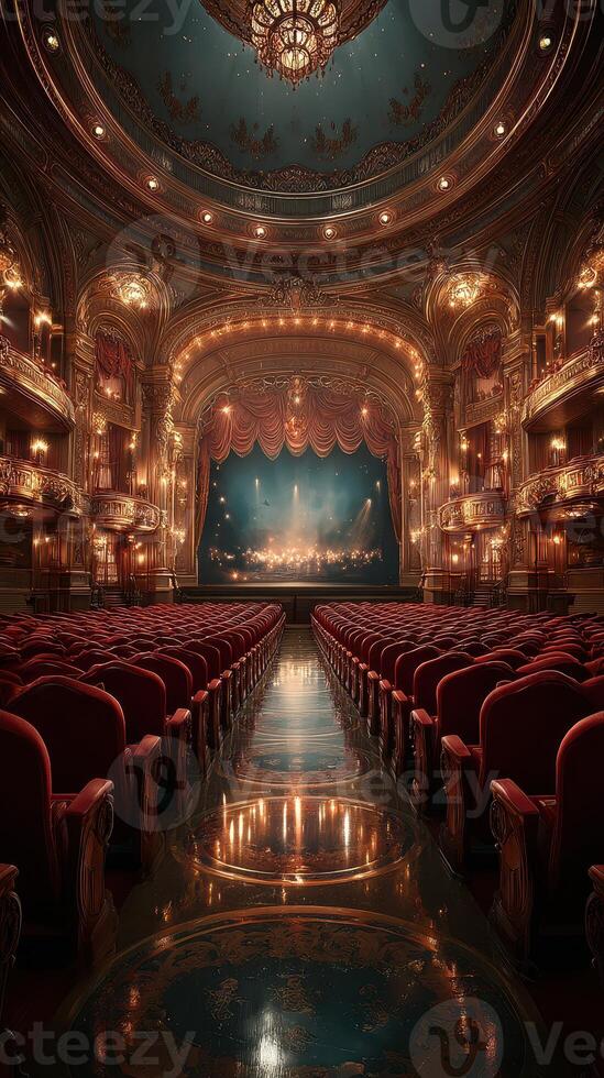 Elegant vintage theater with ornate architecture and illuminated stage at night photo