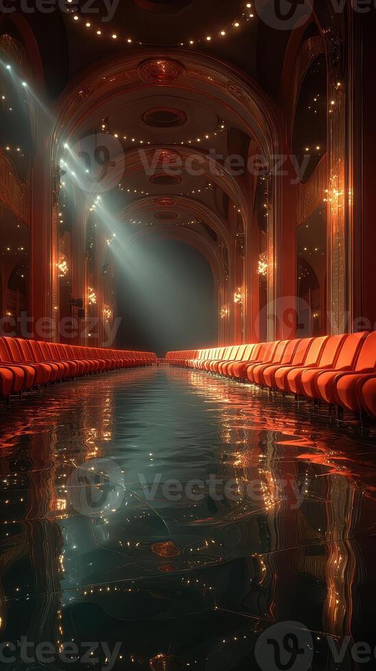 Reflection of elegance in a lavish venue during a fashion event with illuminated seating and shimmering water photo