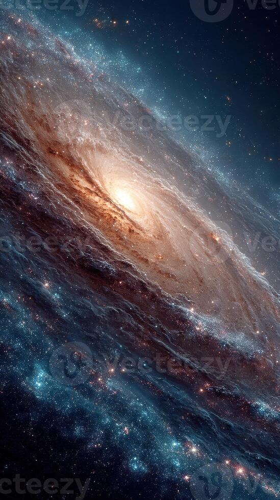 Magnificent view of a spiral galaxy with glowing core and swirling cosmic clouds in the vast universe photo