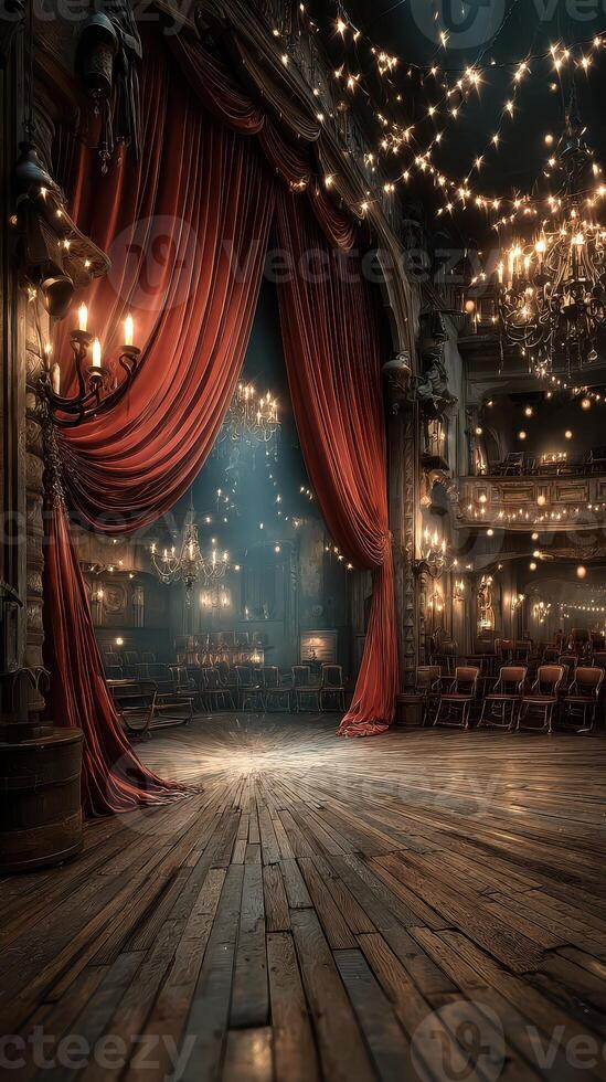 Elegant theater interior with red curtains and shimmering lights during a performance at night photo