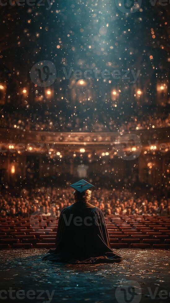 Graduation ceremony at an ornate theater with a graduate facing the audience during a moment of reflection photo