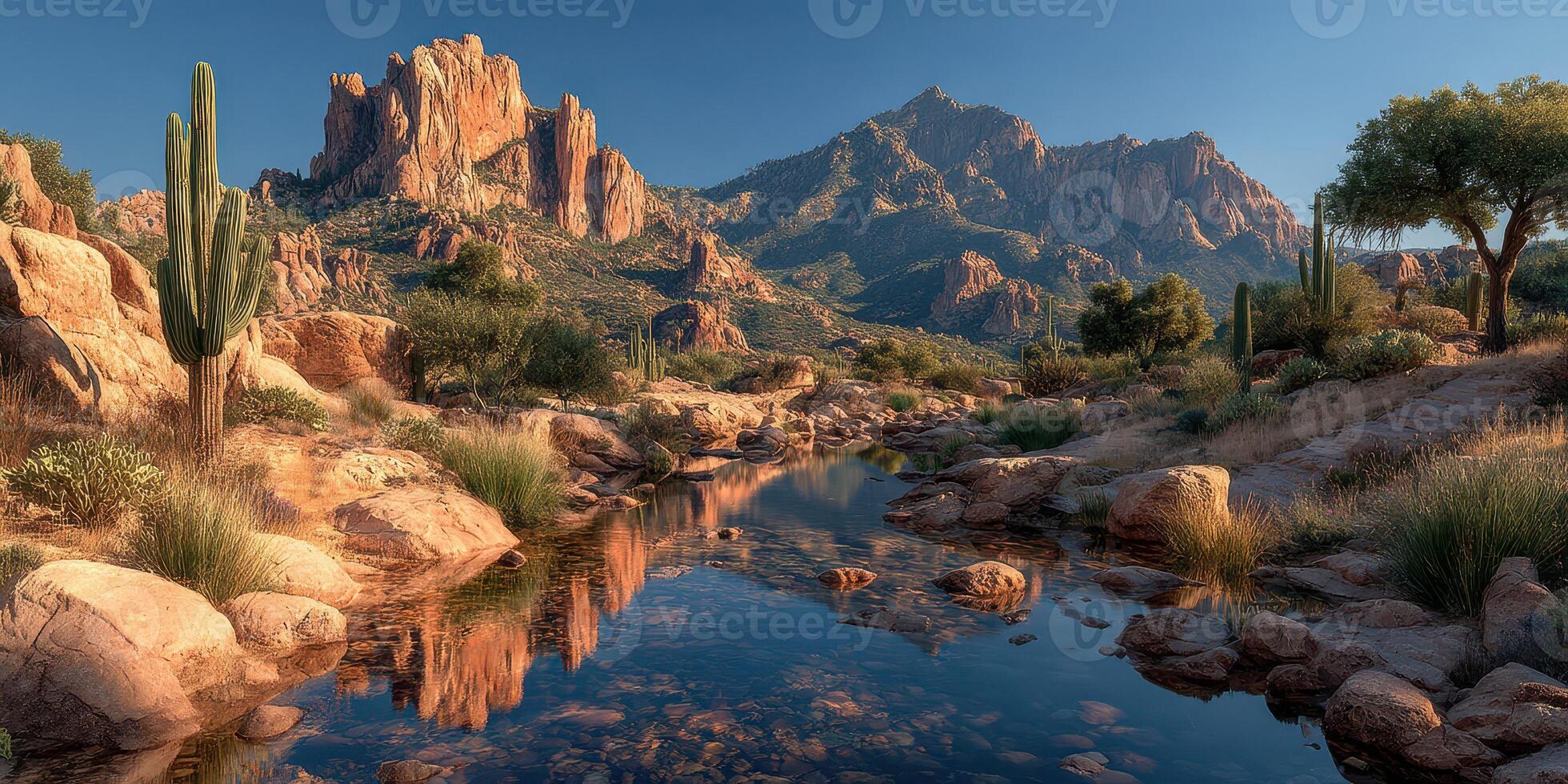 Stunning desert landscape at sunrise showcasing mountains, cacti, and a tranquil stream in the wilderness photo