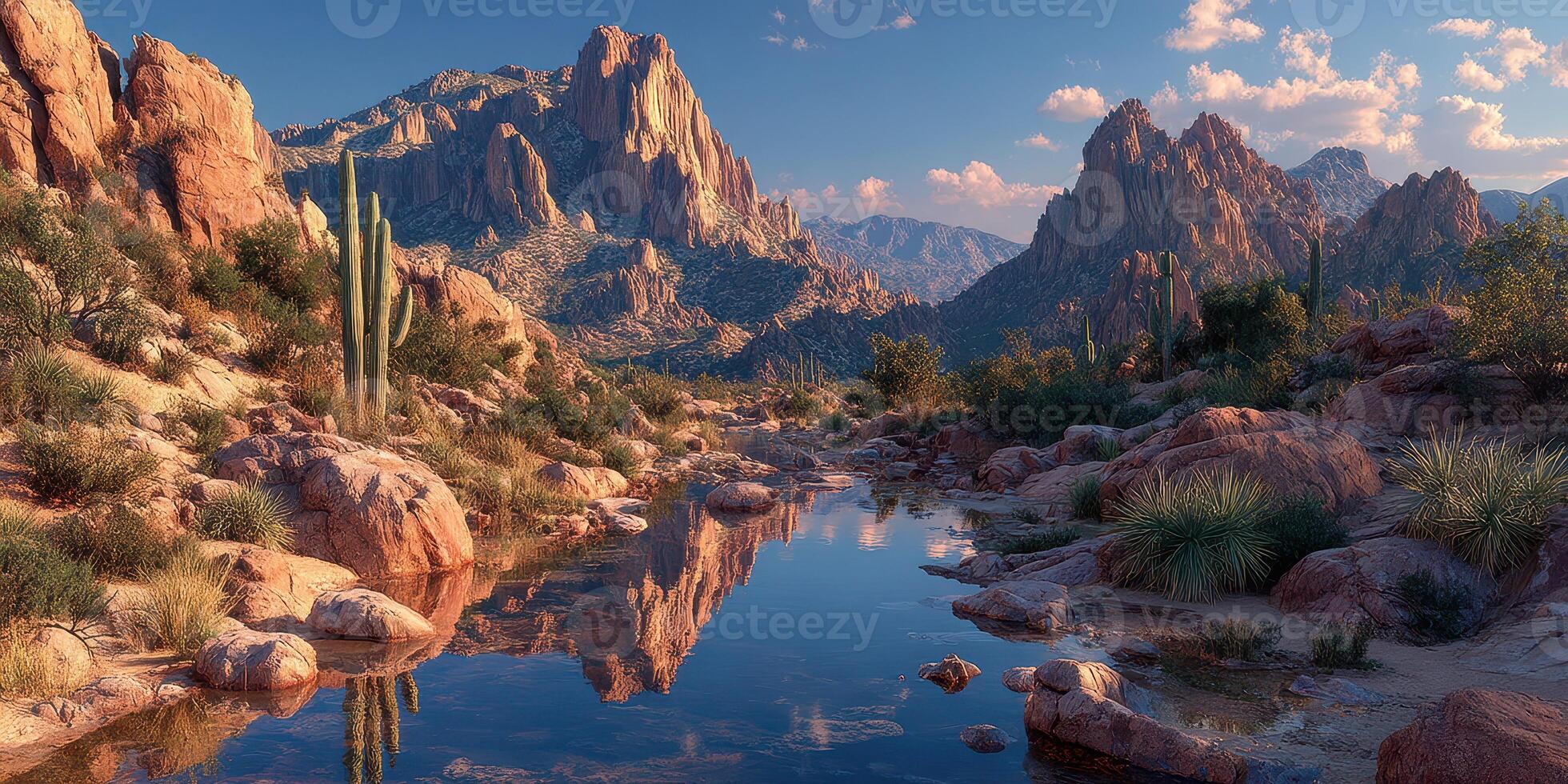 Scenic landscape with mountains, reflections, and clear water in a serene desert setting during golden hour photo