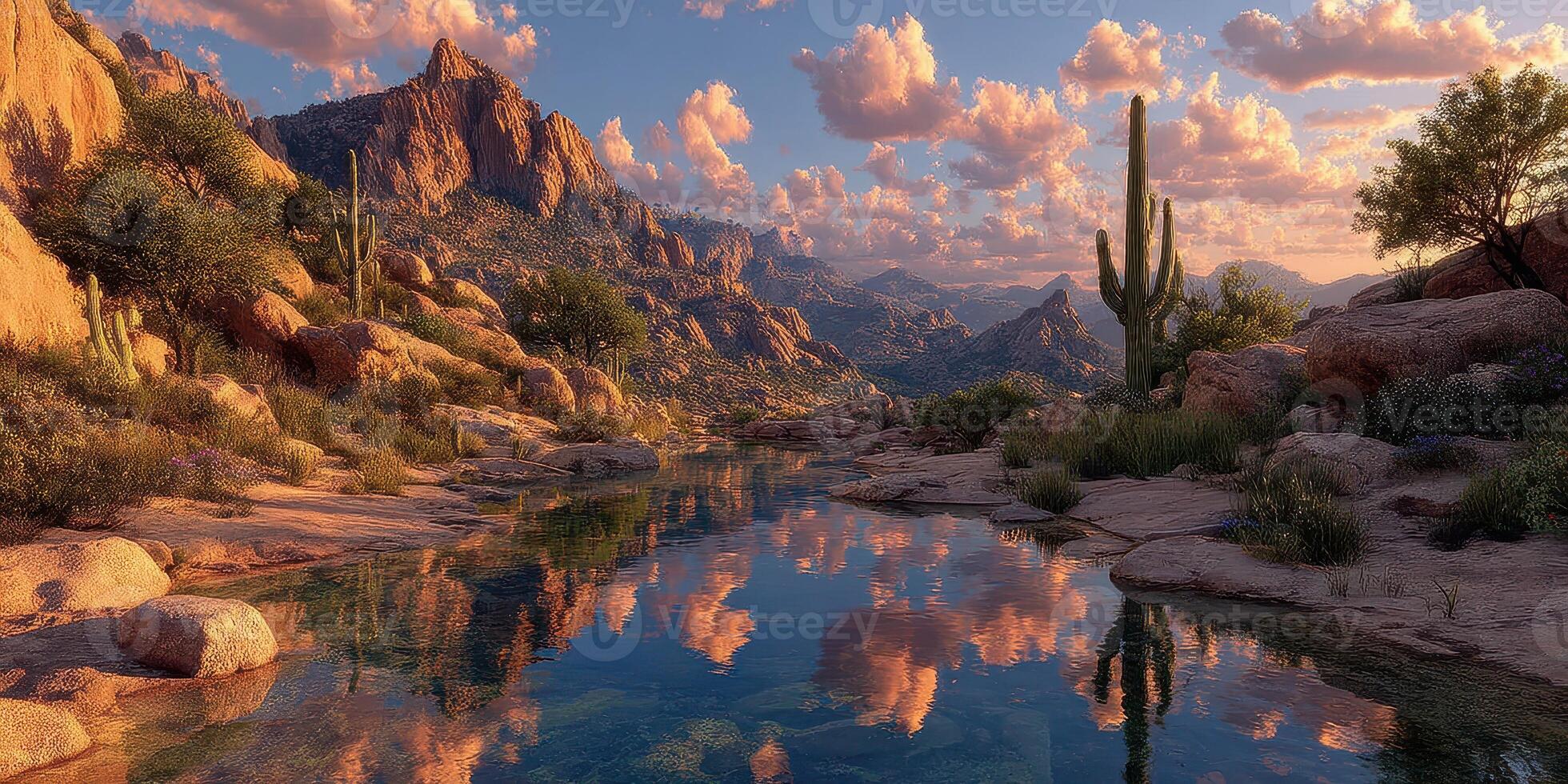 Vibrant sunset over a tranquil desert landscape with mountains and a reflecting stream photo