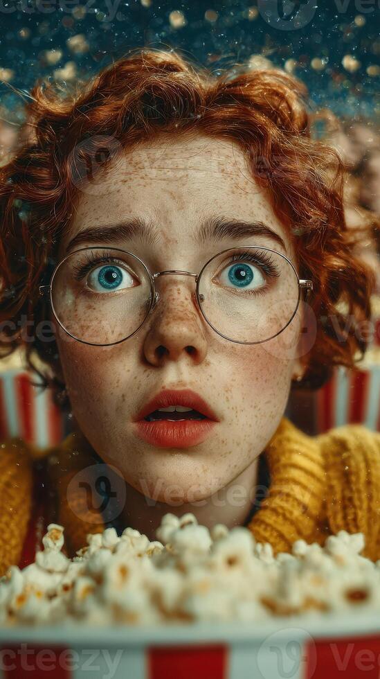 Excitement fills the air as a young woman enjoys a thrilling movie moment in a theater photo
