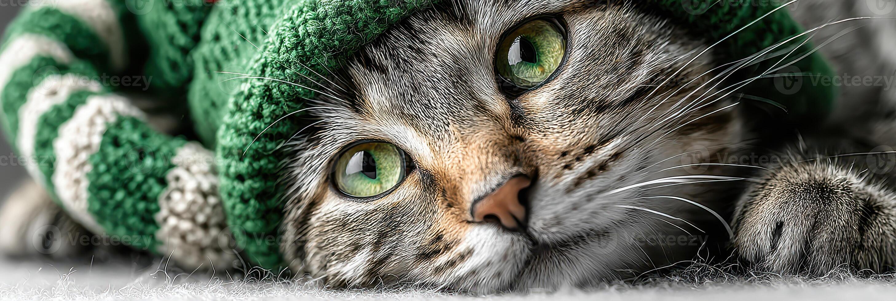 Cute cat wearing green knitted hat while relaxing indoors with bright green eyes and playful expression photo