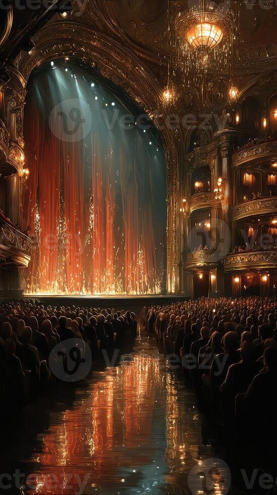 Elegant theater interior with audience ready for a dramatic performance at night photo
