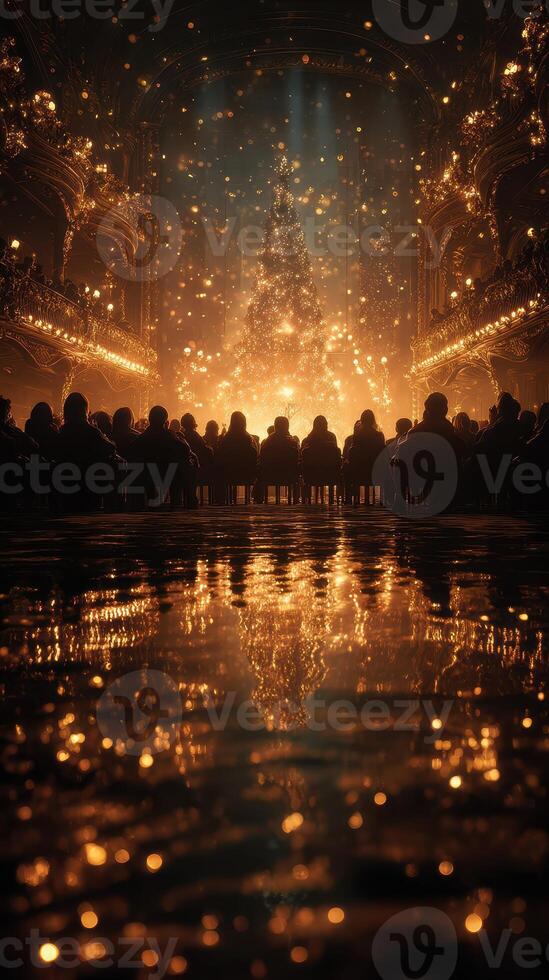 Holiday celebration with a glowing Christmas tree illuminating an ornate theater during a festive event photo