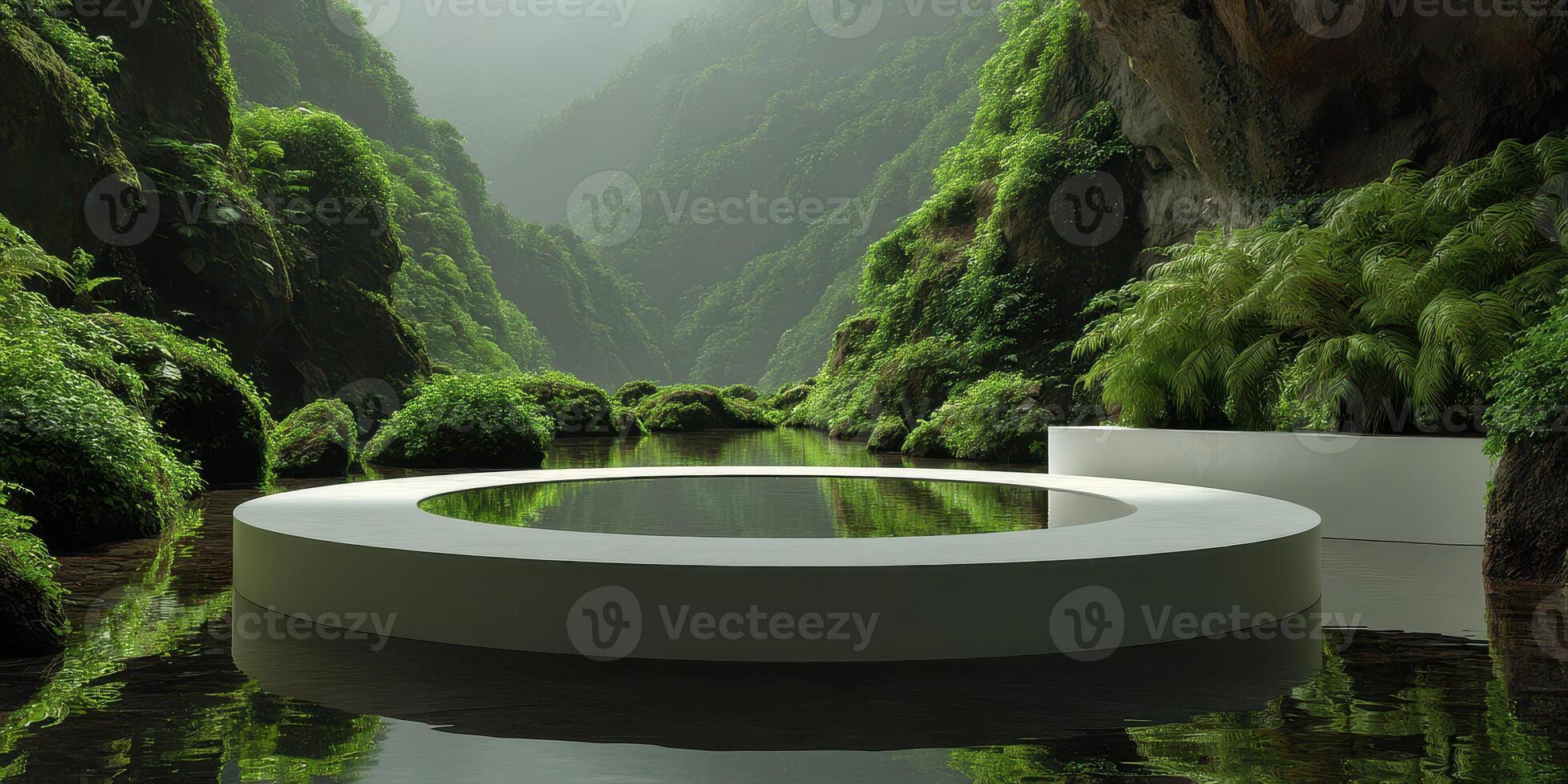 Serene circular platform surrounded by lush greenery and tranquil waters in a secluded valley photo