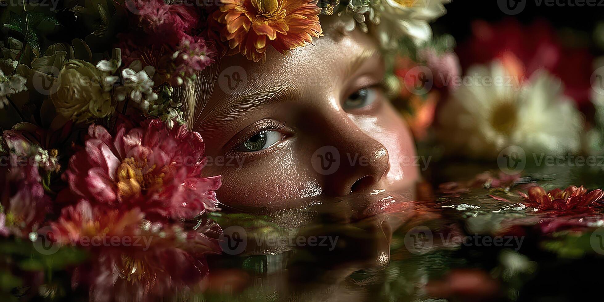 Portrait of a serene figure immersed in water adorned with vibrant flowers during golden hour photo