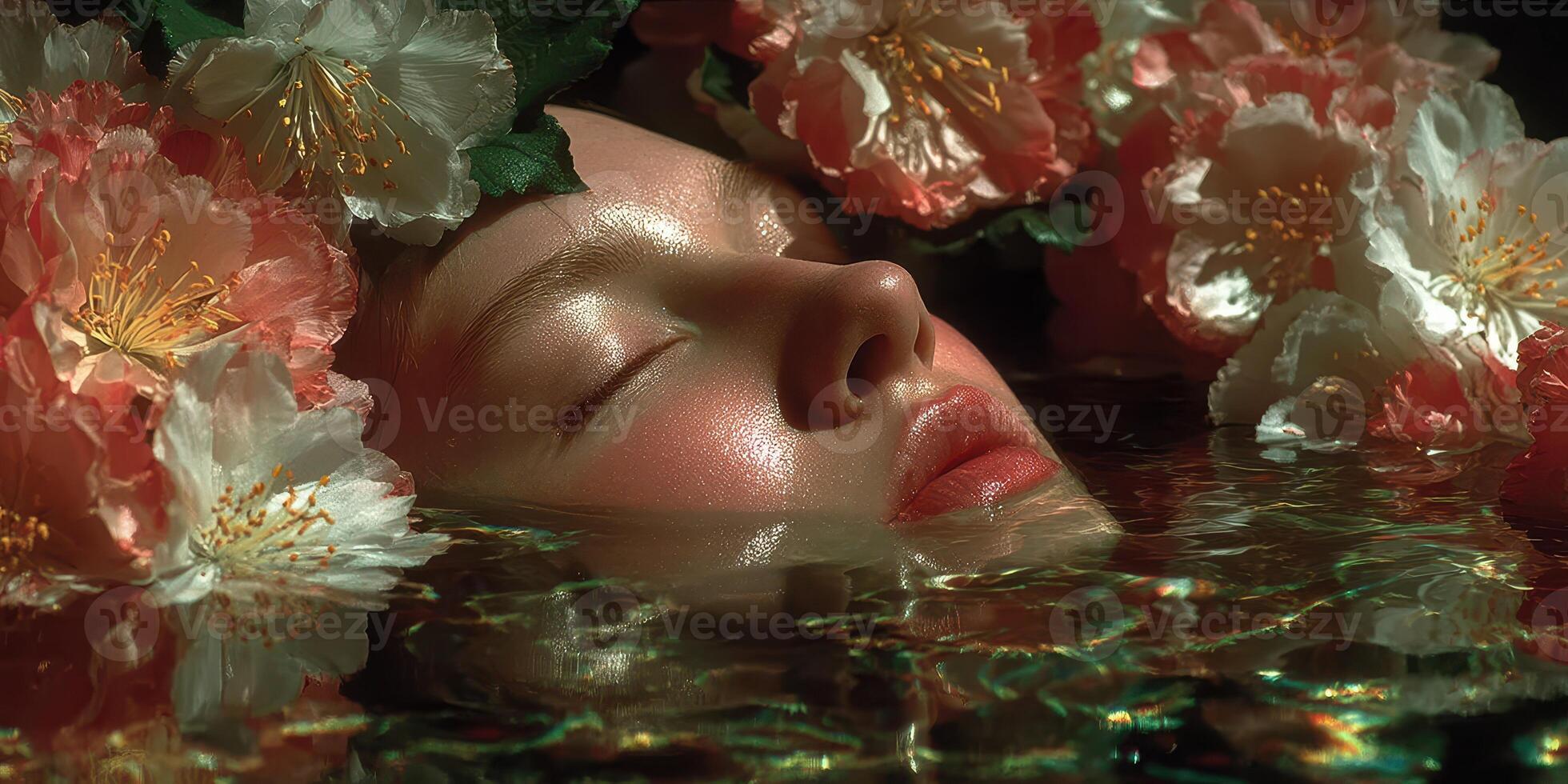 Serene woman floating in water with flowers surrounding her face during tranquil moment of relaxation photo