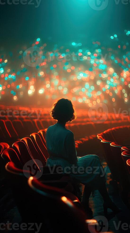 Woman sitting alone in a theater, observing colorful lights during a performance at night photo
