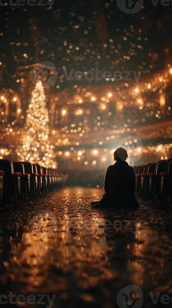 Reflections on a quiet evening with holiday lights and a tree illuminating a theater photo