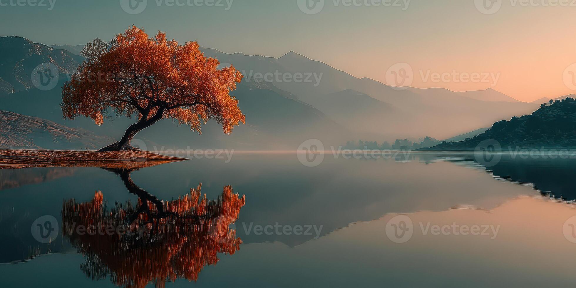 Majestic autumn tree reflected in still lake surrounded by mountains at dawn photo