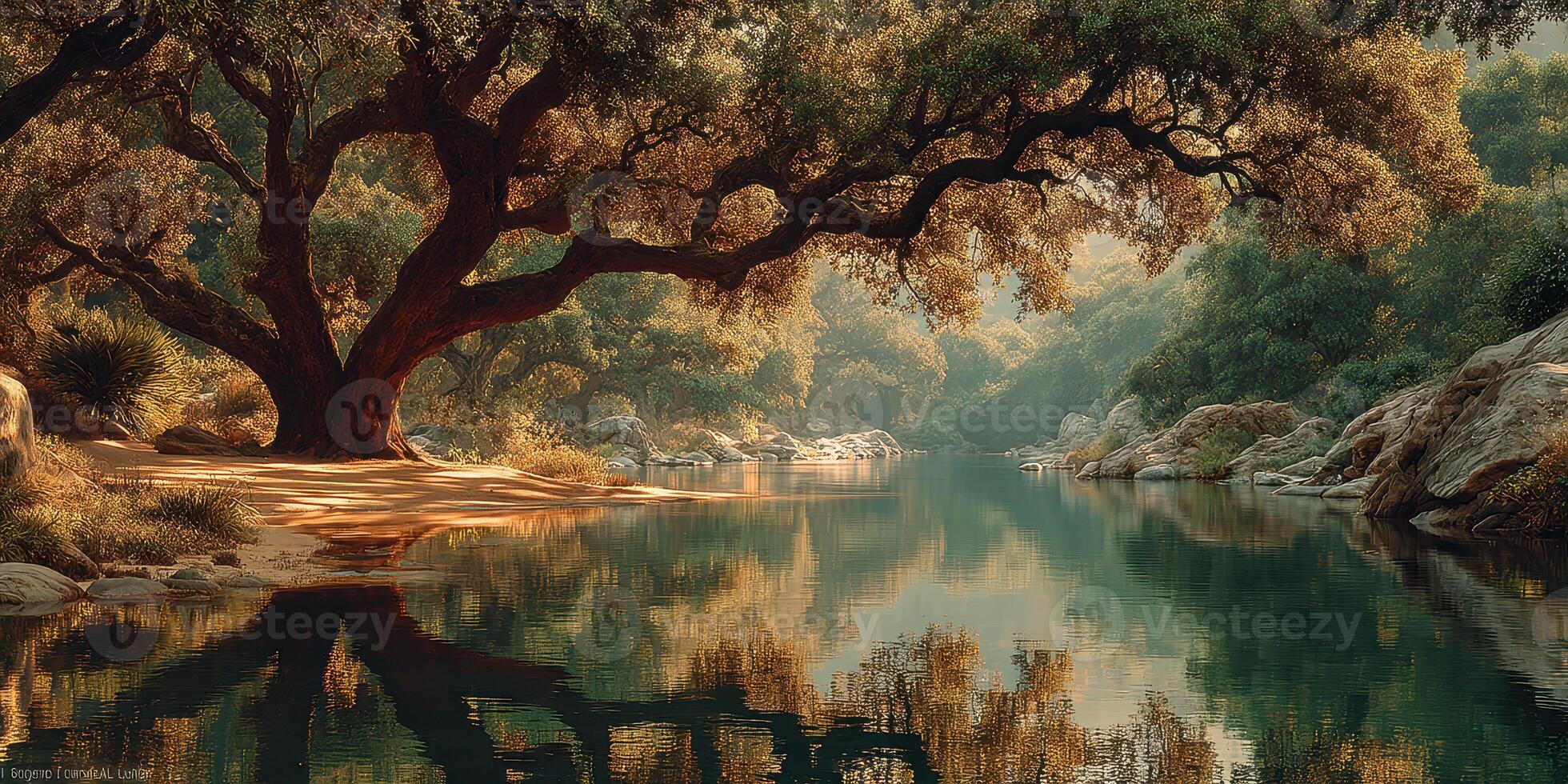 Tranquil river reflection under ancient trees at dawn in a serene natural landscape photo