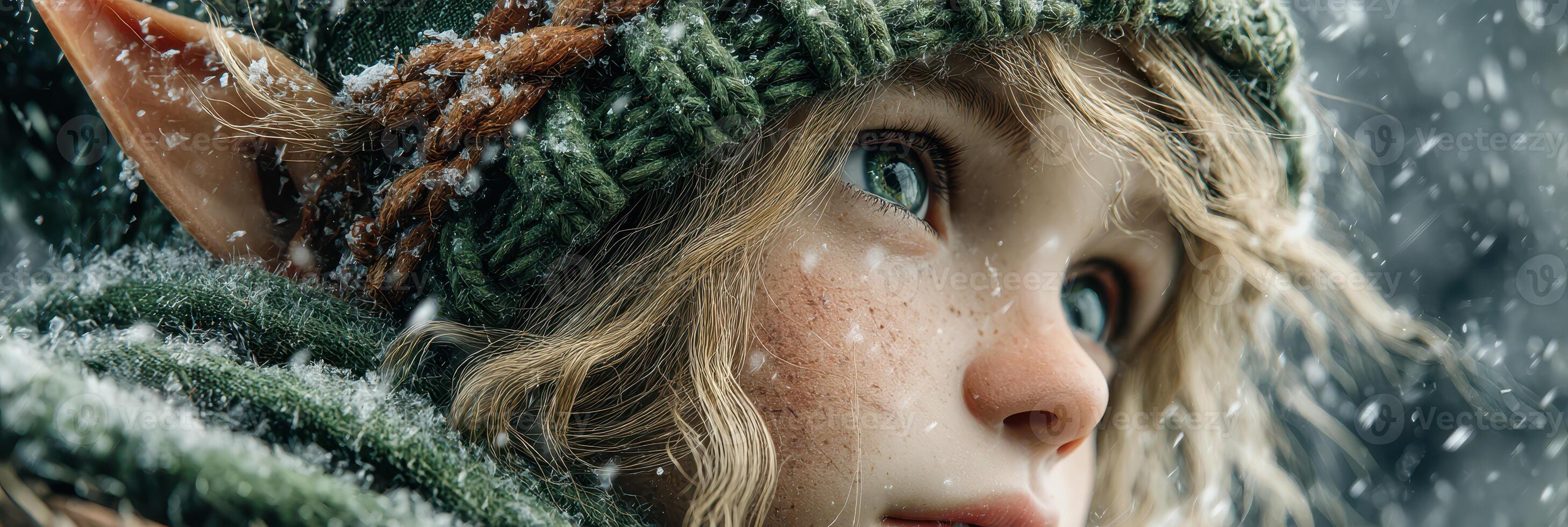 Elf child with green hat in a snowy forest, gazing hopeful and curious, surrounded by falling snowflakes photo