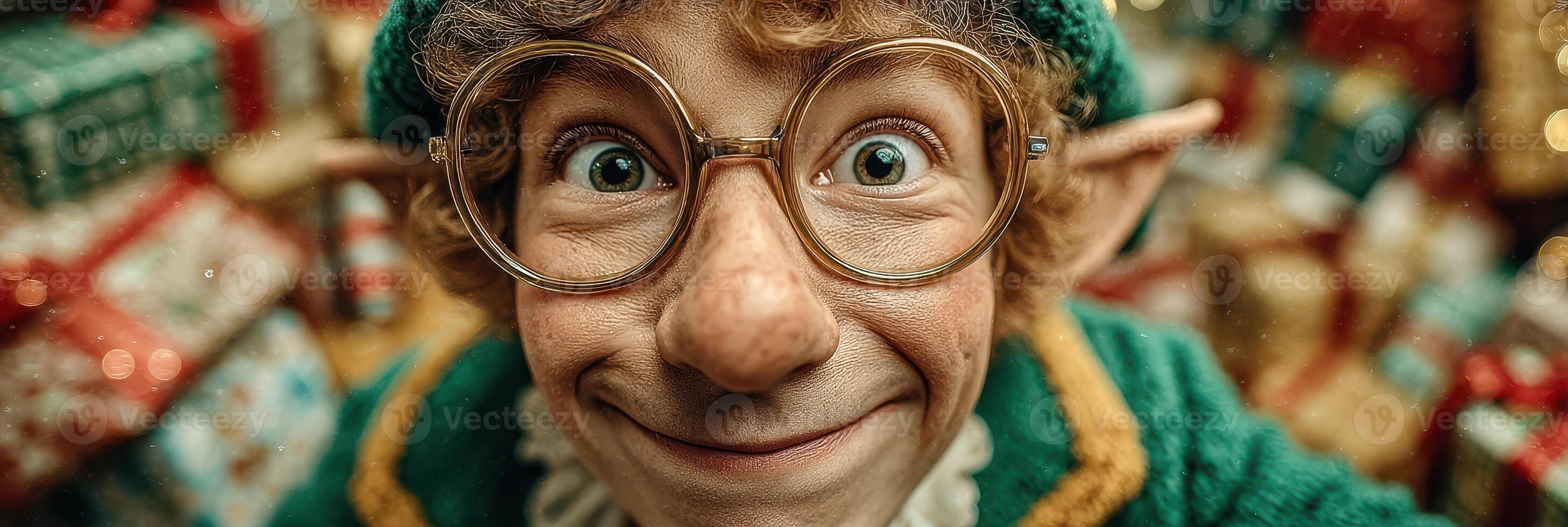 Cheerful elf with glasses surrounded by colorful presents in a festive setting during winter celebrations photo