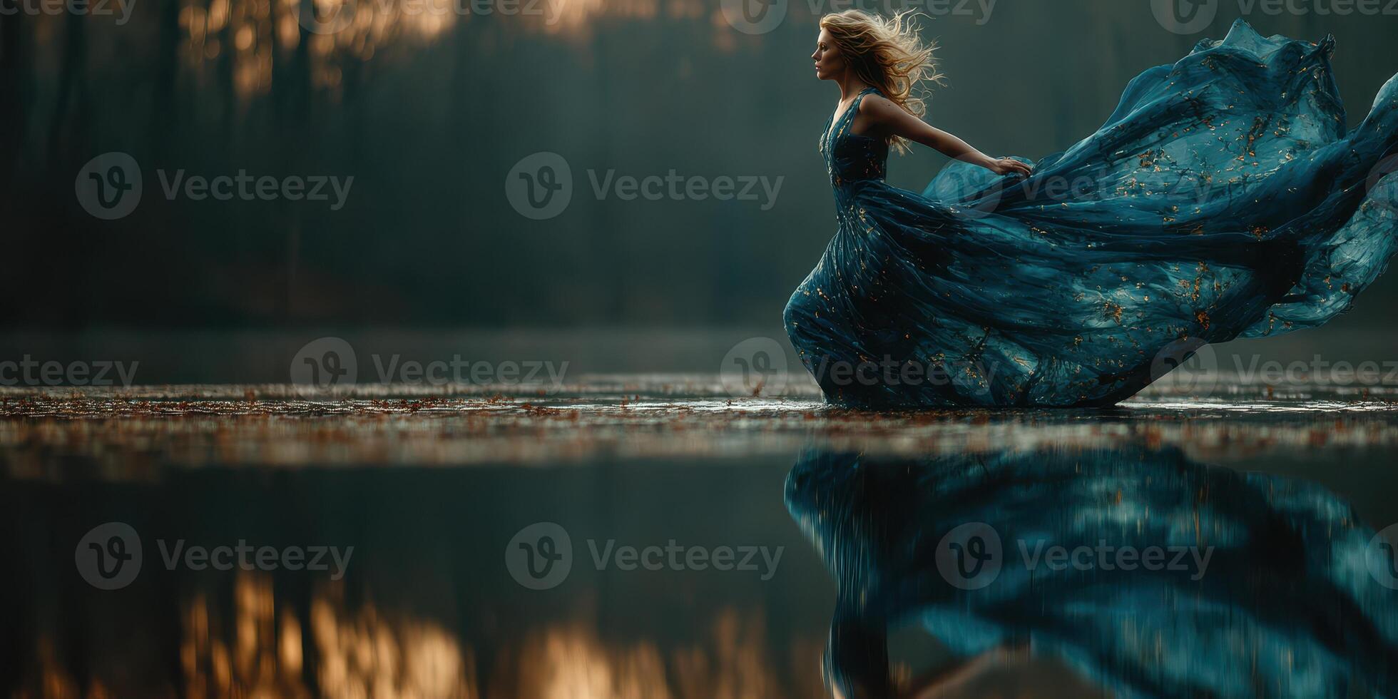 Dancer in flowing blue gown gracefully moves through a serene lake at sunset photo