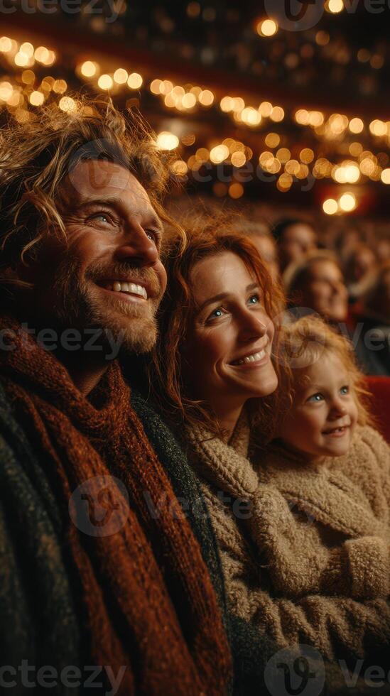 Family enjoys a live performance in a cozy theater filled with warm lights and joyful atmosphere during the evening photo