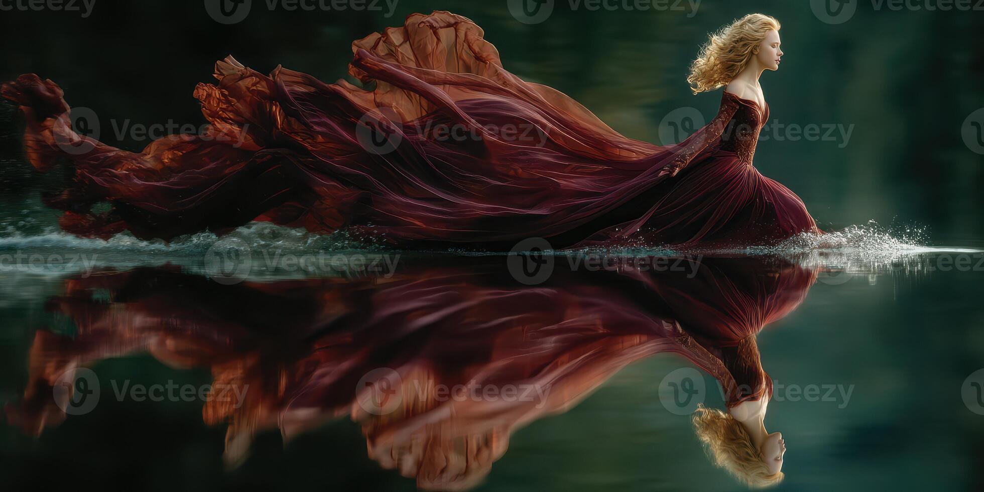 Woman in flowing red dress running gracefully across water reflecting her image in a serene landscape during twilight photo