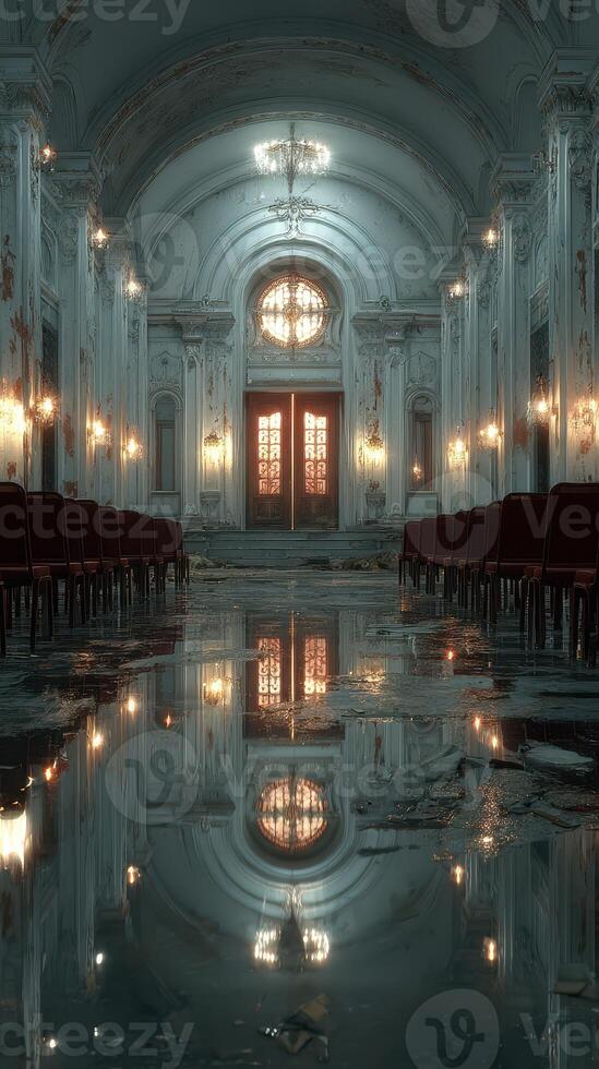 Abandoned grand hall with ornate decor and reflecting water in early evening light photo