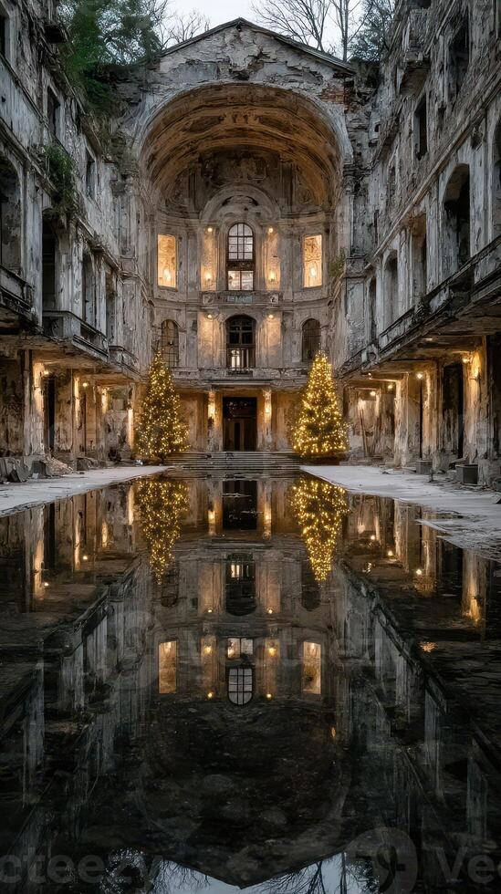 Old abandoned building transformed with festive lights and holiday decorations reflecting in tranquil water photo