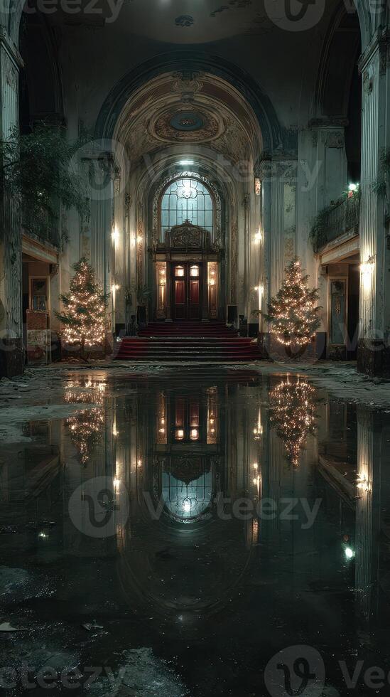 Abandoned hall with Christmas trees reflecting in water during winter evening, showcasing faded elegance photo