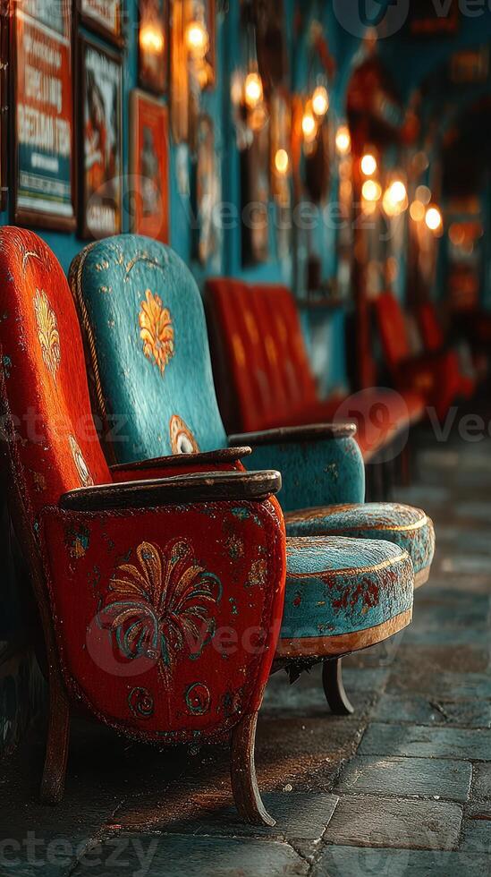 Vintage chairs in a charming hallway with warm lighting and vibrant colors create a nostalgic atmosphere photo