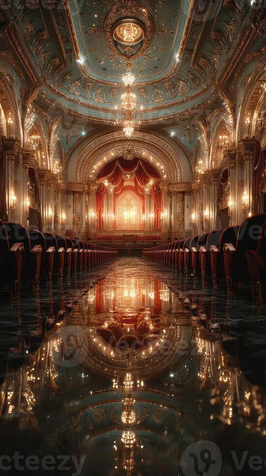 Elegant interior of a grand theater with stunning reflections and ornate decorations photo