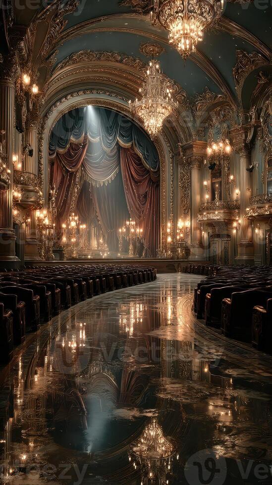 Elegant ornate theater interior with grand chandeliers and plush seating during an evening performance photo