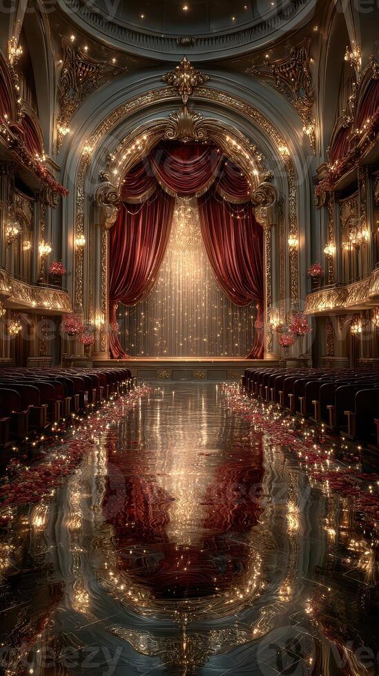 Grand theater interior showcases ornate decor and shining reflections during an enchanting evening performance photo