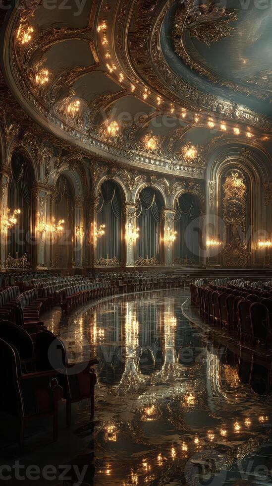 Elegant interior of a grand theater showcasing opulent decor with shimmering chandeliers and reflective floors photo