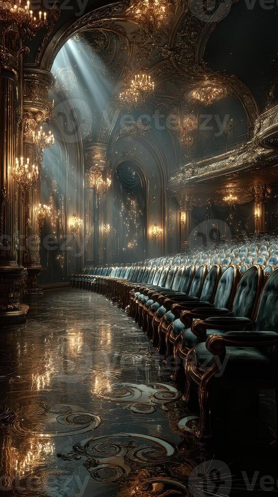Elegant theater interior with ornate chandeliers and polished floor illuminated by soft light in the evening photo