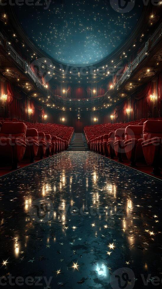 Elegant theater auditorium with starry ceiling and red velvet seats creating a captivating atmosphere for performances photo